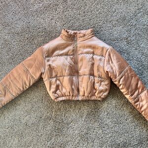 Cropped Quilted Puffer Jacket w/ Rhinestone Trim | Tan | Size S